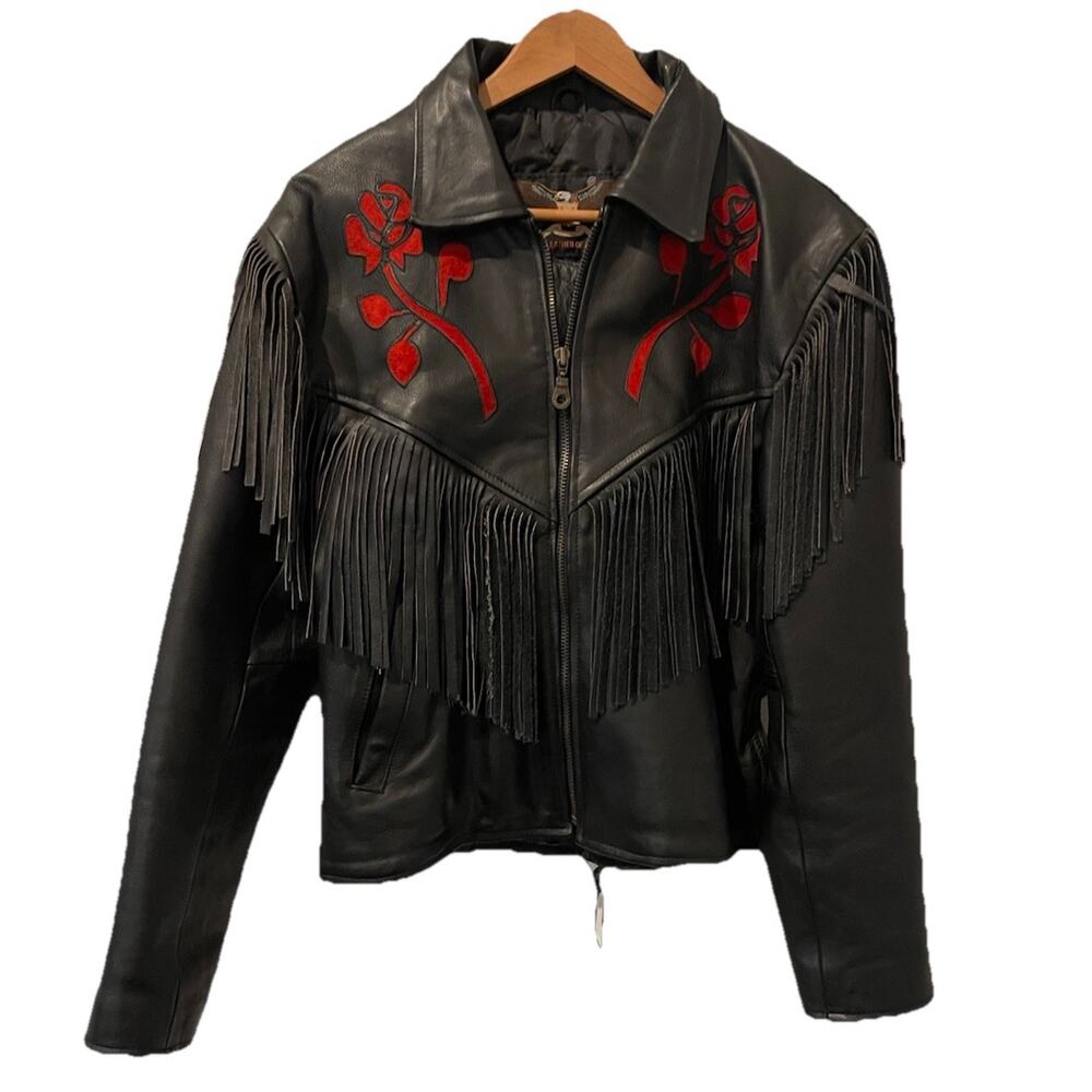 Women’s Black Fringe Leather Biker Motorcycle Jacket Rose Pattern Size Med?